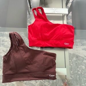 Qinsen One-Shoulder Sports Bra Bundle – Red & Brown (Set of 2)